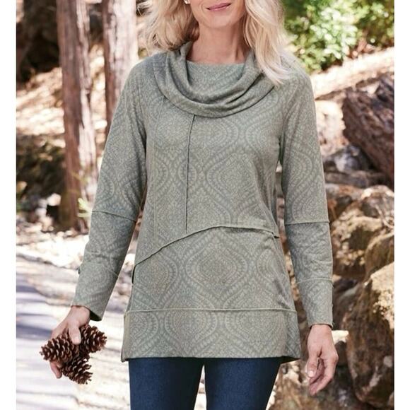 Soft Surroundings Cowl Neck Seam Detail Tunic Top Paisley Boho Olive Green M New - Picture 3 of 13